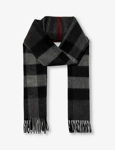 Burberry Womens Charcoal Giant Check Tasselled-trim Cashmere Scarf