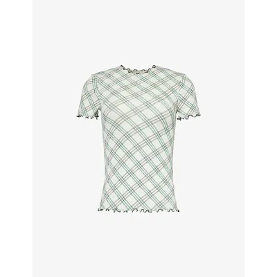 Burberry Womens Check-print Frilled Stretch-cotton T-shirt Breeze Ip Check In Green