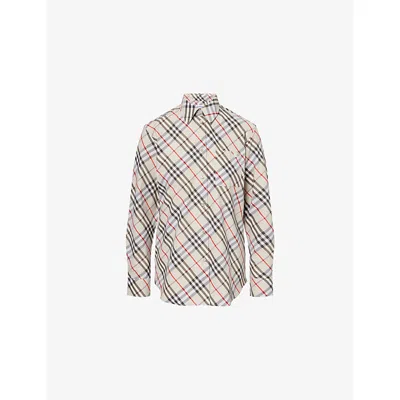 Burberry Womens Chipping Ip Check Check-print Curved-hem Cotton Shirt In White