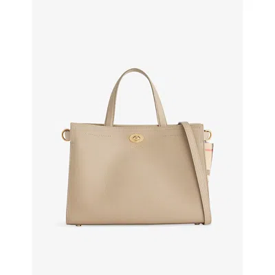 Burberry Womens Cotswolds Check Small Leather Tote Bag Mushroom