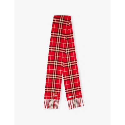 Burberry Womens Crayon Red Narrow Check-pattern Cashmere Scarf