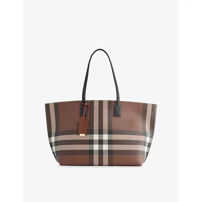 Burberry Womens Dark Birch Brown Check-print Medium Faux Leather-blend Tote Bag