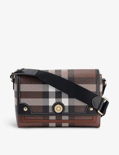 Burberry Womens Note Check-print Coated Cotton Shoulder Bag Dark Birch Brown