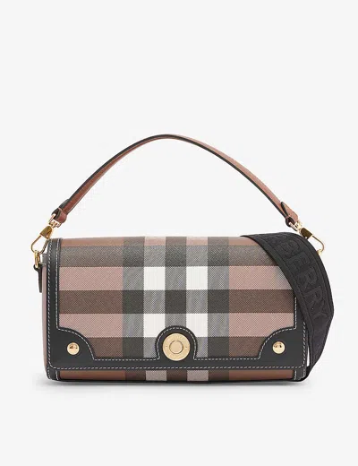 Burberry Womens Dark Birch Brown Note Check-print Woven Cross-body Bag