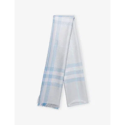 Burberry Womens Drizzle Ip Check Check Metallic Wool-silk Scarf In Blue