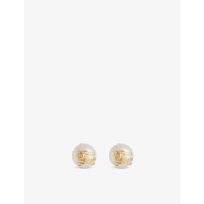 Burberry Womens  Ekd Sphere Yellow Gold-plated Brass And Pearl Stud Earrings In Gold/pearl