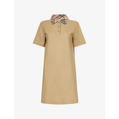 BURBERRY WOMENS FLAX CHECK-PRINT-COLLAR SHORT-SLEEVES COTTON-PIQUÉ MIDI POLO DRESS