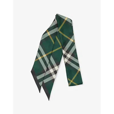 Burberry Womens  Check-print Brand-tab Silk Scarf In Ivy