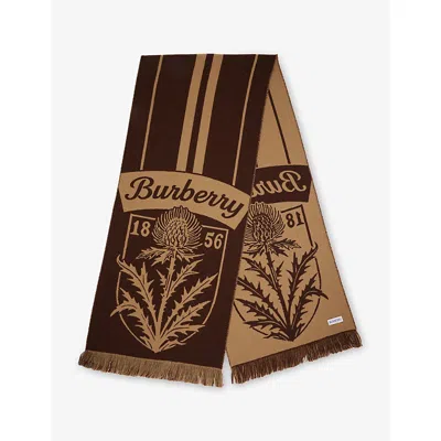 Burberry Womens Thistle Shield Football-motif Wool Scarf Lignum Brown