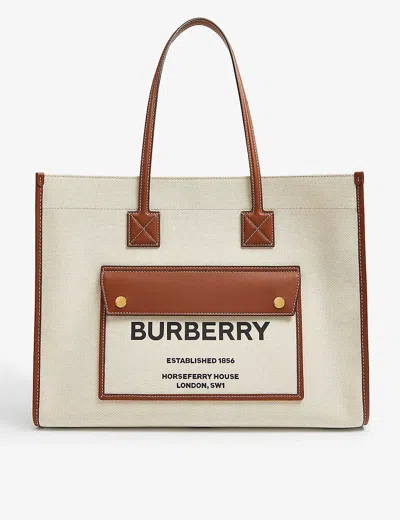 BURBERRY WOMENS NATURAL/TAN FREYA BRAND-PRINT CANVAS TOTE BAG,54864994