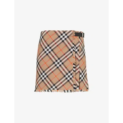 Burberry Womens Nut Ip Check Check-print Fringed Woven Mini Skirt