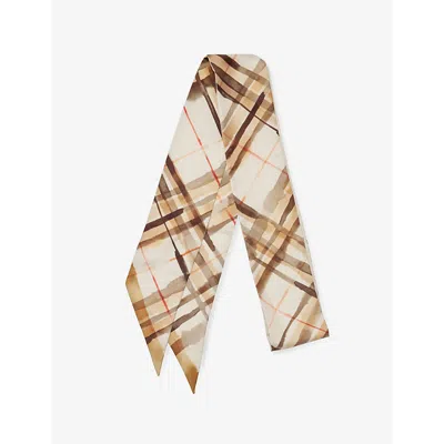 Burberry Womens  Check-print Brand-tab Silk Scarf In Nutmeg
