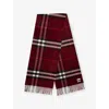 Burberry Check Patterned Cashmere Scarf Fringed Edges In Red