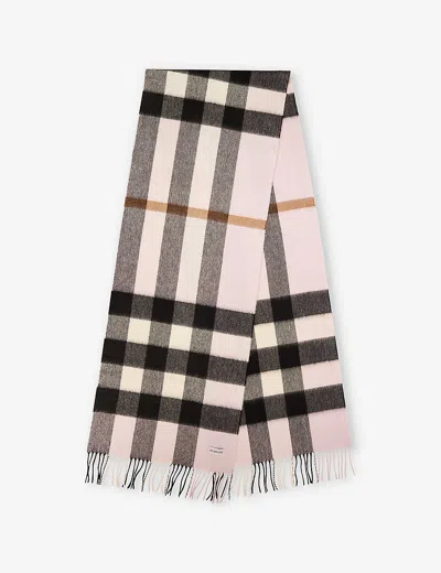 Burberry Womens Pale Candy Pink Half Mega Check Fringed-edge Cashmere Scarf