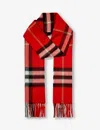 Burberry Womens Red Giant Check Tasselled-trim Cashmere Scarf In Red