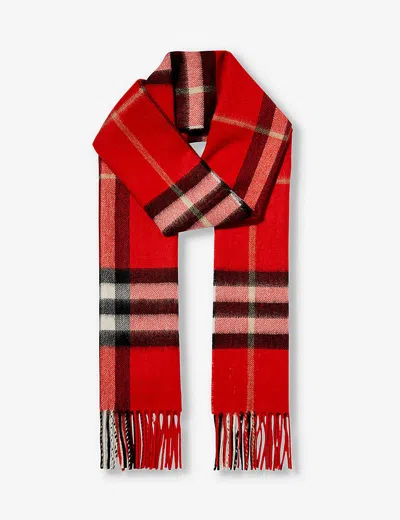 Burberry Womens Red Giant Check Tasselled-trim Cashmere Scarf