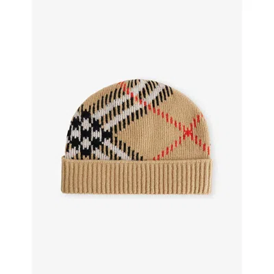 Burberry Womens Sand Check Cashmere Blend Beanie