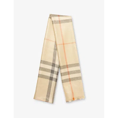 Burberry Womens Sand Check Metallic Wool-silk Scarf