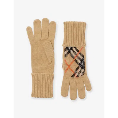 Burberry Womens Check-print Cashmere-blend Gloves Sand
