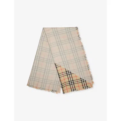 Burberry Womens Sand Checked Wool And Silk-blend Scarf