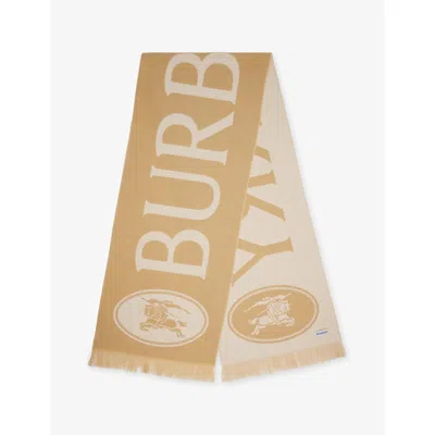 Burberry Womens Sand Football Brand-print Wool Scarf In Brown