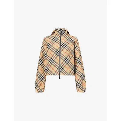 Burberry Womens Sand Ip Check Check-print Hooded Woven Jacket In Brown