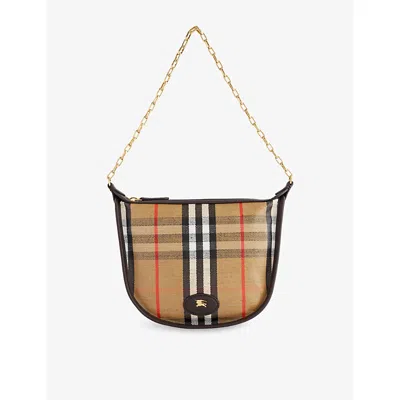 Burberry Womens Sand Mini Highlands Chain Canvas Shoulder Bag In Nude