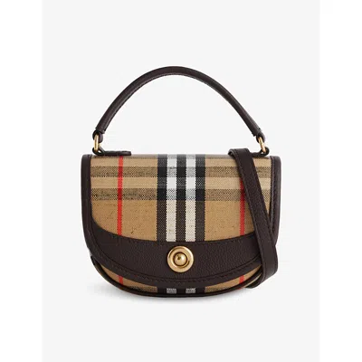 Burberry Womens Sand Mini Highlands Check Coated Cotton-blend Cross-body Bag