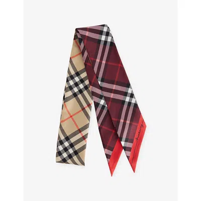 Burberry Womens Sand/oxblood Skinny Contrast Check Silk Scarf In Multi