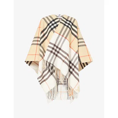 Burberry Womens Sand/pebble White Contrast Check-pattern Cashmere And Wool-blend Cape In Neutral