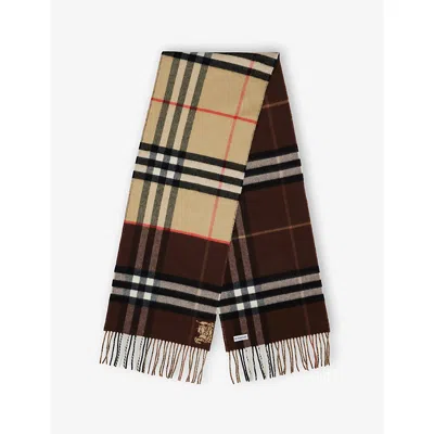 Burberry Womens Sand/treacle Brown Contrast Check Cashmere Scarf