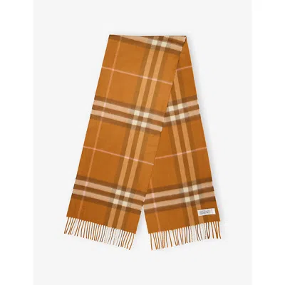 Burberry Womens Squash Check-print Cashmere Scarf In Orange
