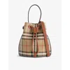 Burberry Drawstring Bucket Bag With Signature Plaid Pattern In Brown