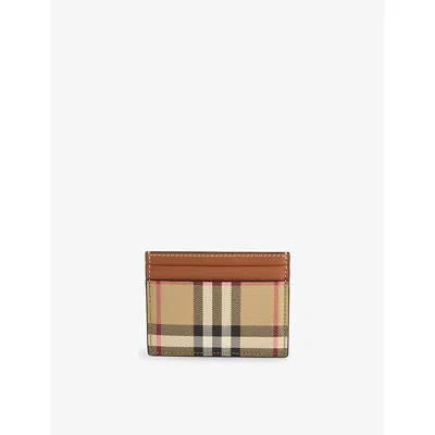 BURBERRY WOMENS SANDON CHECKED WOVEN CARD HOLDER VNTG CHK/BRIAR BROWN
