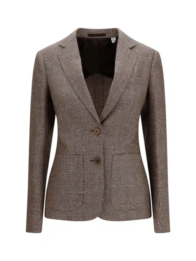 Burberry Wool And Linen Check Blazer In Metallic