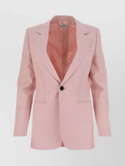 Burberry Wool Blazer With Structured Shoulders And Front Flap Pockets In Pink