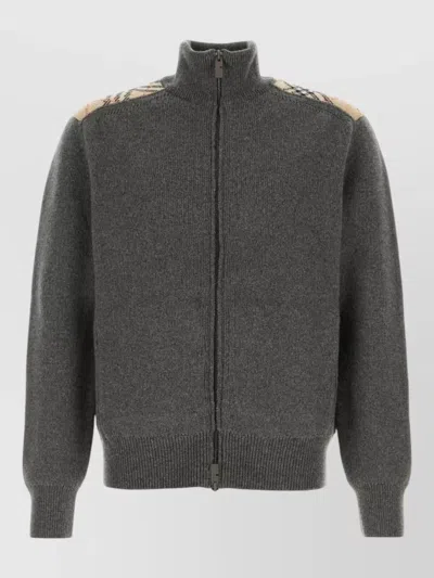Burberry Wool Blend Cardigan High Collar Shoulder Accents In Gray