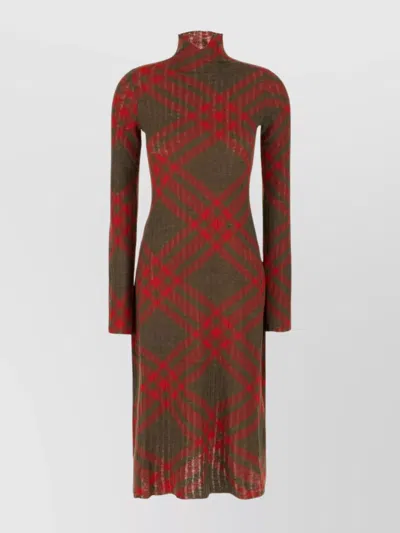 Burberry Beige Abito Collo Alto In Lana Check In Multi
