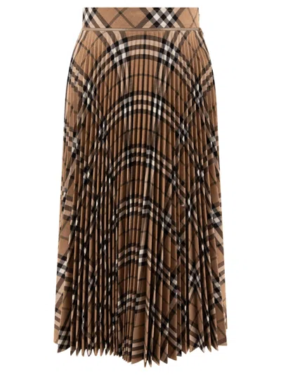 Burberry Wool Blend Pleated Check Skirt In Brown