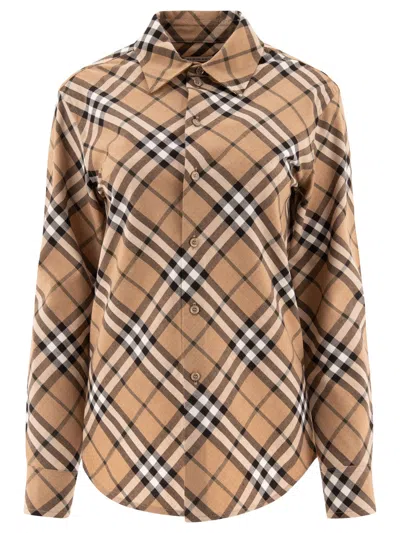 Burberry Wool Blend Shirt With Check Motif Shirts Beige In Tan