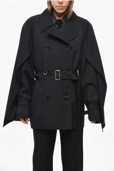 Burberry Wool Blend Short Trench Coat With Cape Sleeves