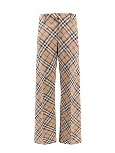 Burberry Wool Blend Trouser With Iconic Check Print In Beige