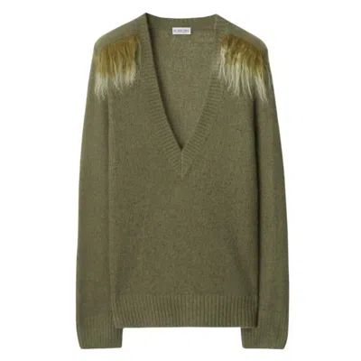 Burberry Wool Blend V-neck Sweater With Shearling Detail In Green