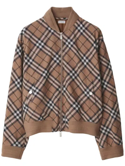 Burberry Check Wool Blend Harrington Jacket In Brown