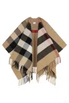 Burberry Check Pattern Wool Cape With Fringe Detailing In Brown