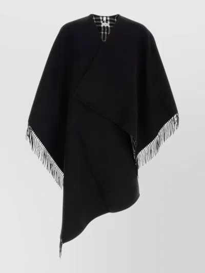 Burberry Wool Cape Asymmetric Hem Fringe Detailing In Black