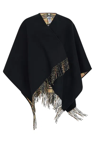 Burberry Wool Cape With Decorative Fringed Hem In Black