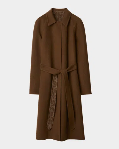 BURBERRY WOOL-CASHMERE BELTED LONG COAT WITH MONOGRAM INTERIOR