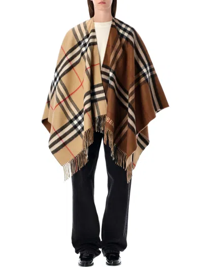 Burberry Wool Cashmere Cape With Contrast  Check In Multi