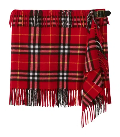 Burberry Fringed Checked Wool And Cashmere-blend Flannel Mini Wrap Skirt In Currant